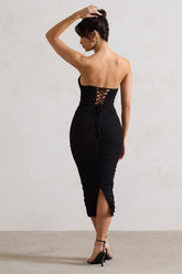 Black Ruched Corset Bodycon Midi Dress